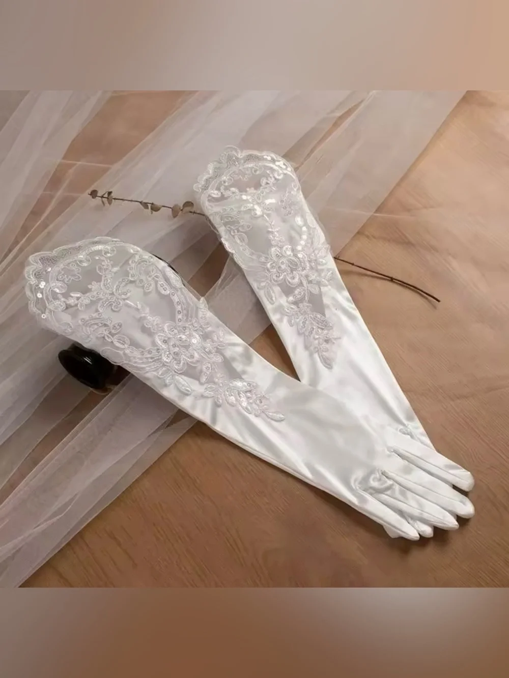 Elegant White Bridal Long Lace Satin Gloves